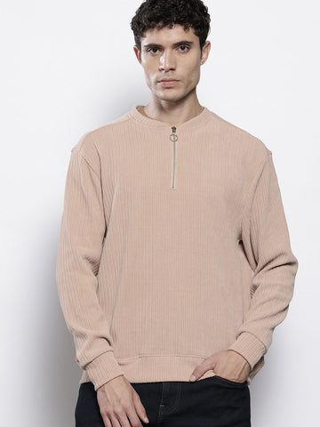 Men's Beige Relaxed Fit Textured Street Sweatshirt