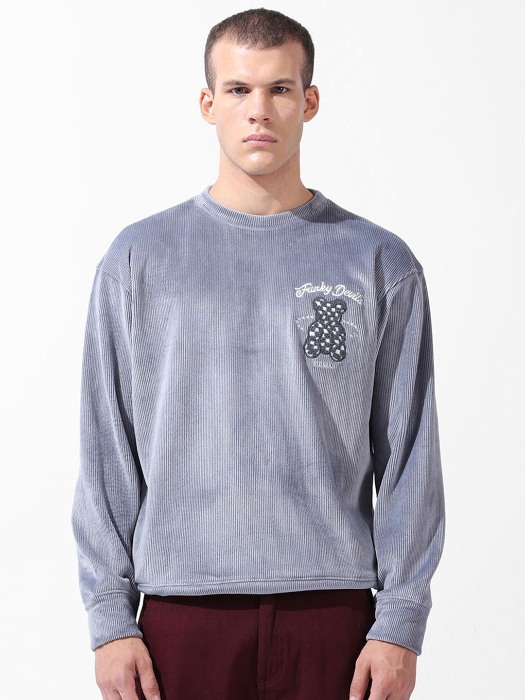 Men's Grey Oversized Fit Textured Casual Sweatshirt