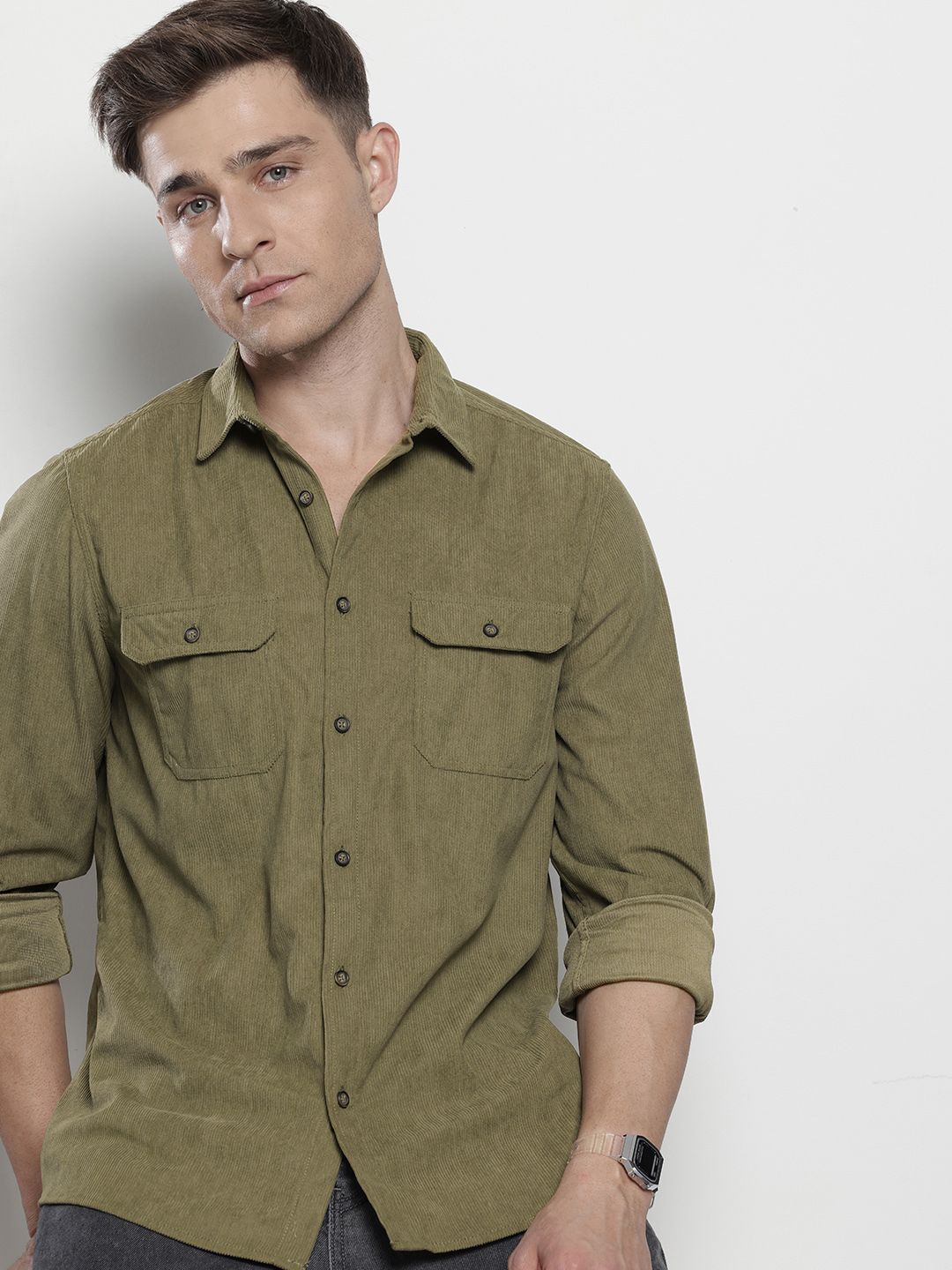 Men's Olive Regular Fit Solid Casual Shirt