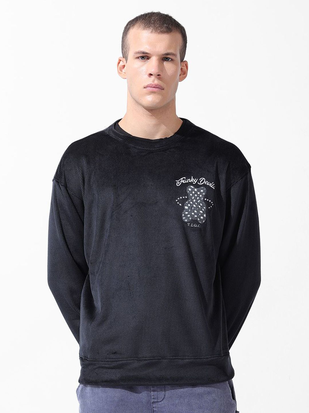 Men's Black Oversized Fit Textured Casual Sweatshirt