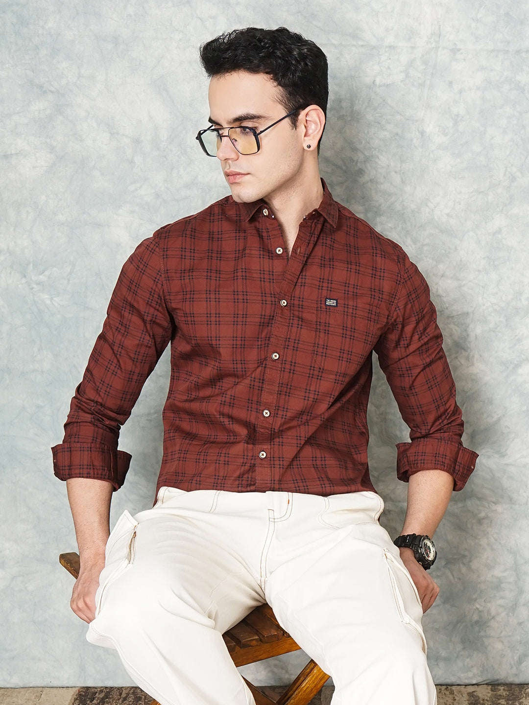 Men's Brown Slim Fit Checkered Casual Shirt