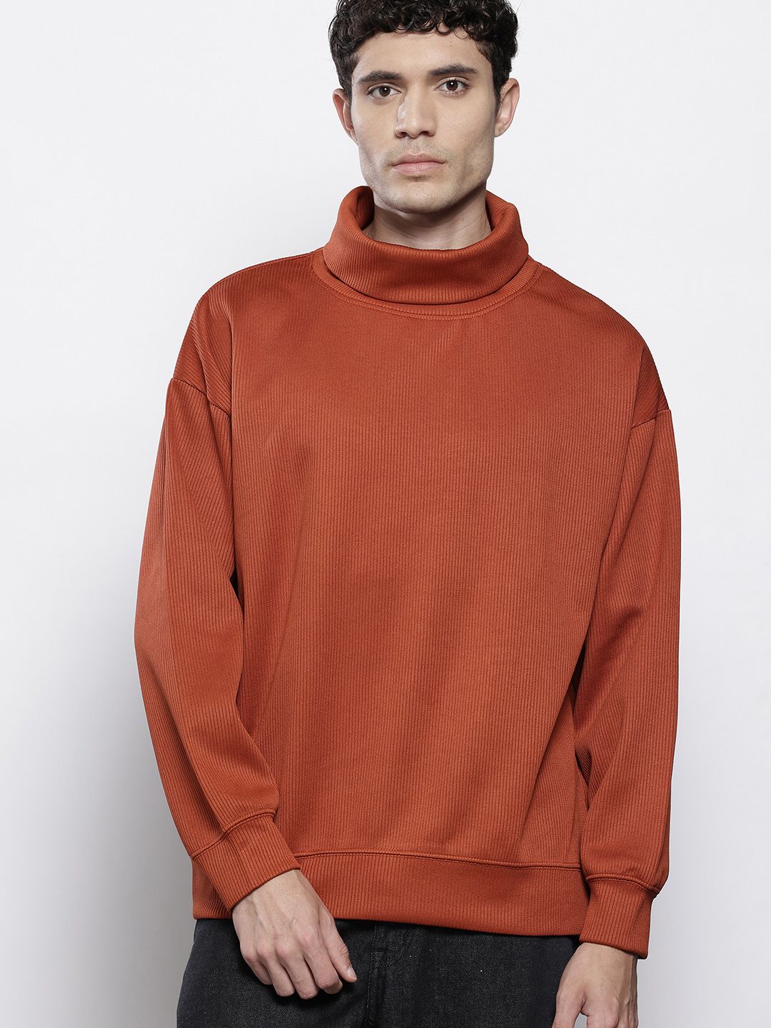 Men's Rust Relaxed Fit Textured Casual Sweatshirt
