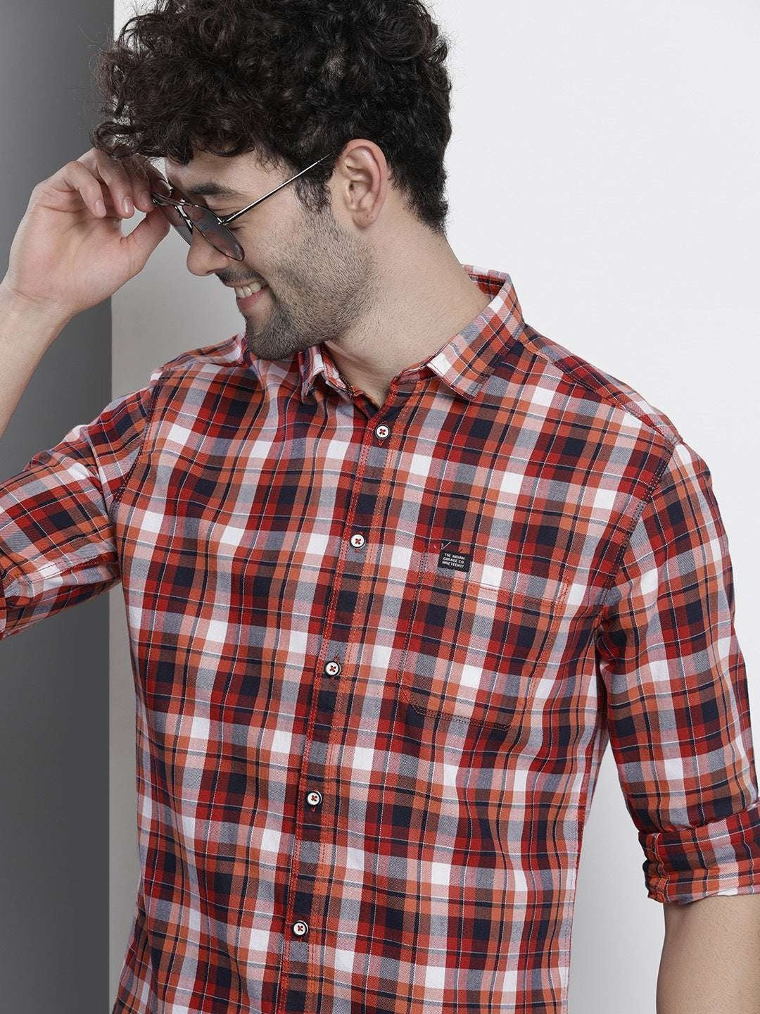 Men's Red Slim Fit Checkered Casual Shirt