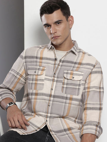 Men's Grey Regular Fit Checked Casual Shirt
