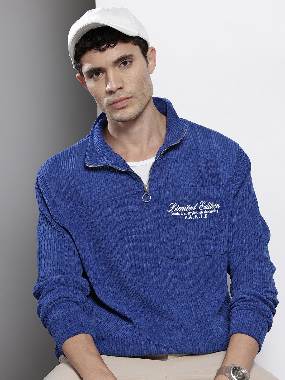Men's Navy Blue Blue Relaxed Fit Textured Street Sweatshirt