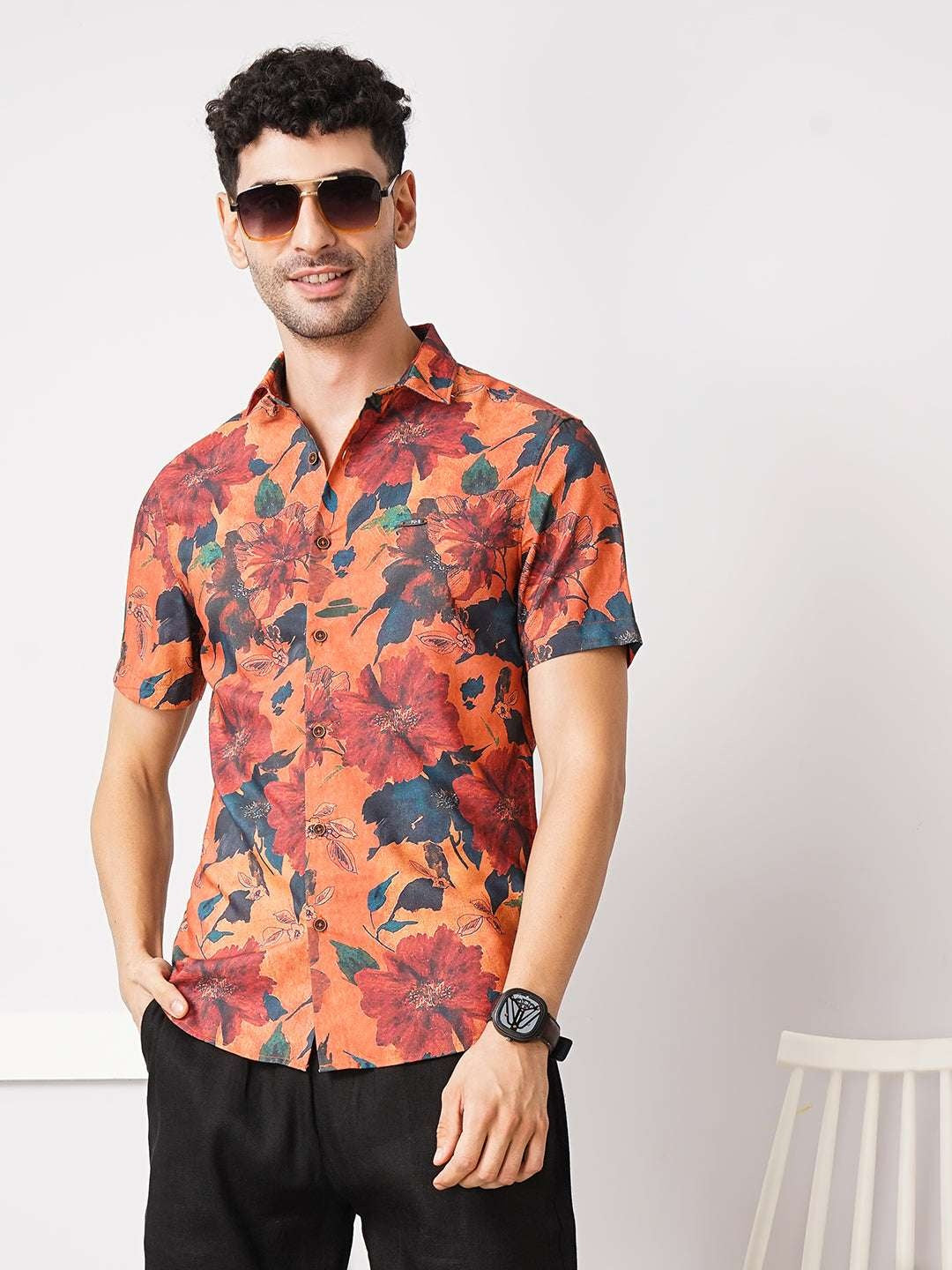 Men's Orange Slim Fit Printed Casual Shirt