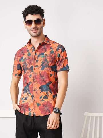 Men's Orange Slim Fit Printed Casual Shirt