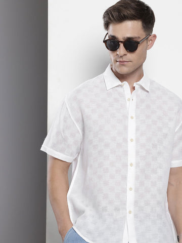 Men's White Relaxed Fit Textured Resort Wear Shirt