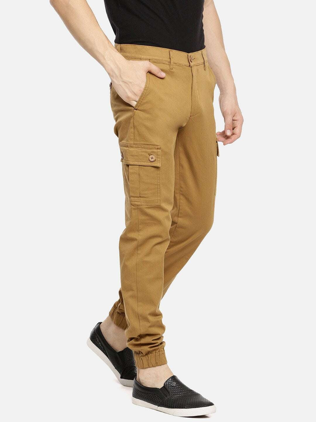 Men's Khaki Slim Fit Solid Utility Cargo