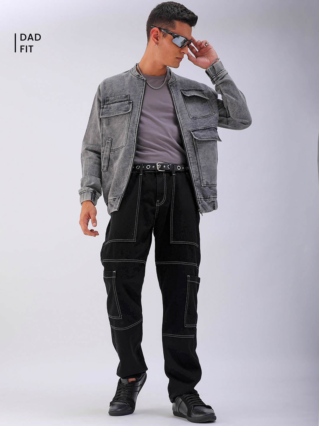 Men's Black Dad Fit Solid Utility Jeans