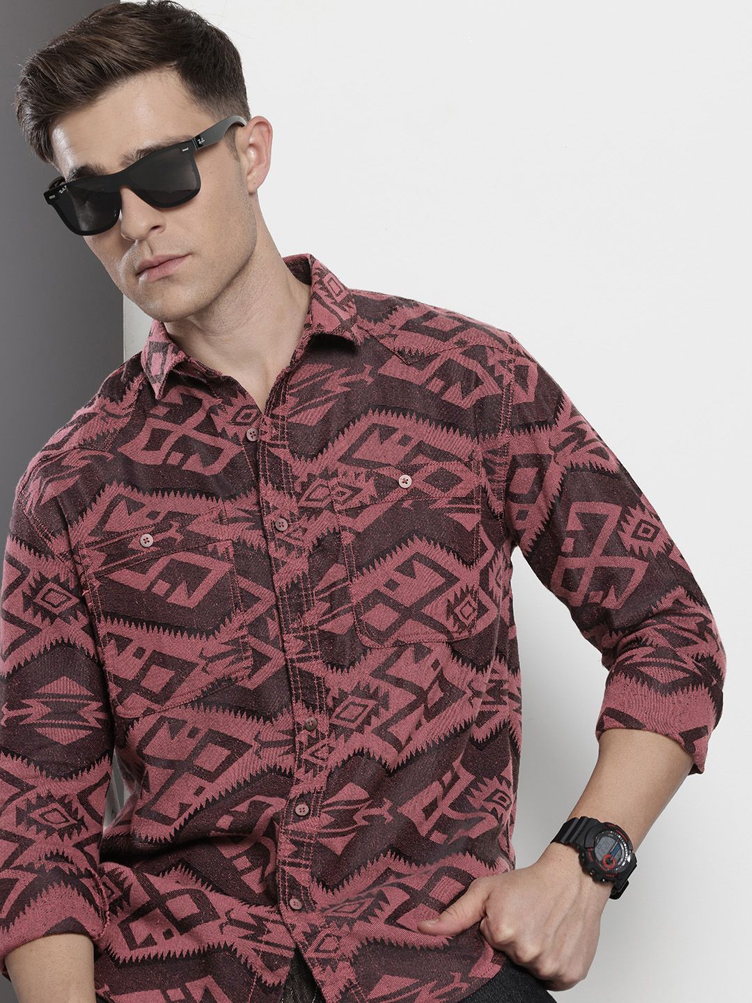 Men's Pink Relaxed Fit Textured Casual Shirt