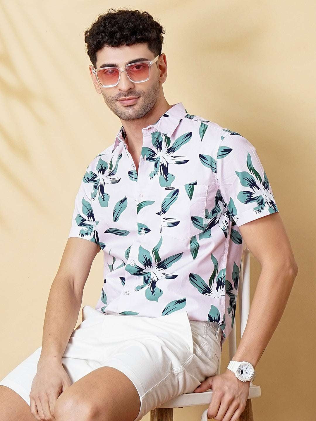 Men's Pink Slim Fit Printed Resort Wear Shirt