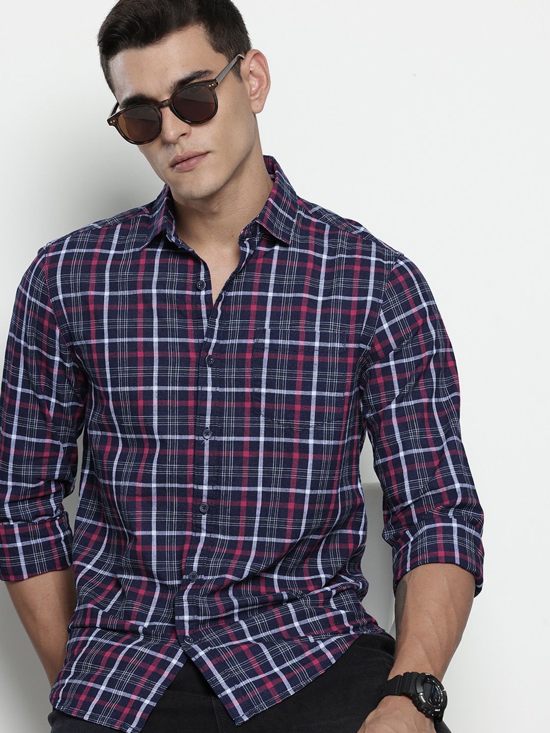 Men's Blue Slim Fit Checked Casual Shirt