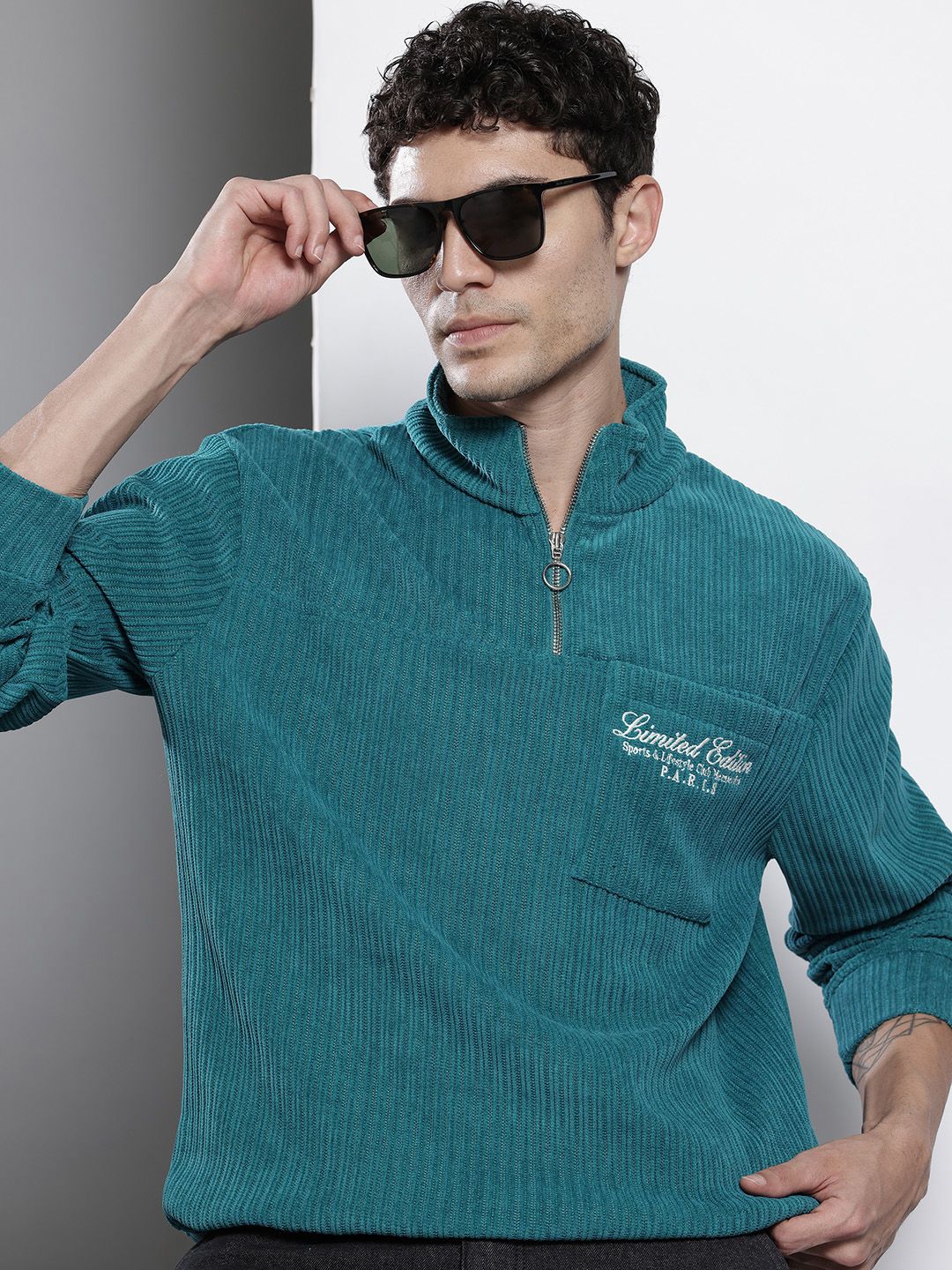 Men's Teal Relaxed Fit Textured Street Sweatshirt