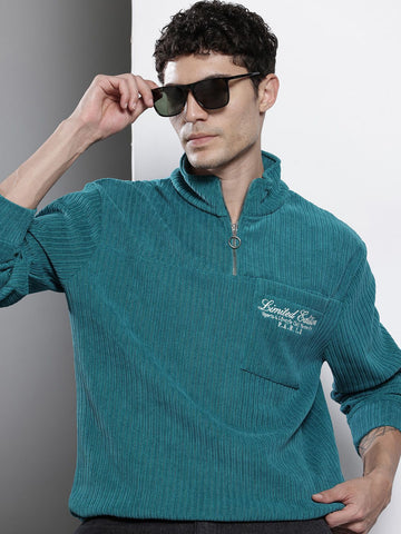 Men's Teal Relaxed Fit Textured Street Sweatshirt