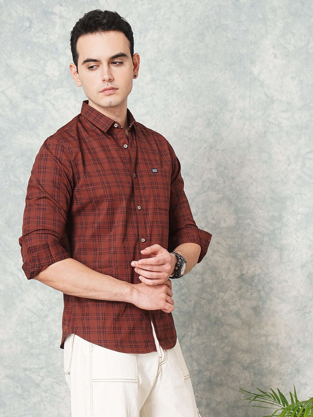Men's Brown Slim Fit Checkered Casual Shirt