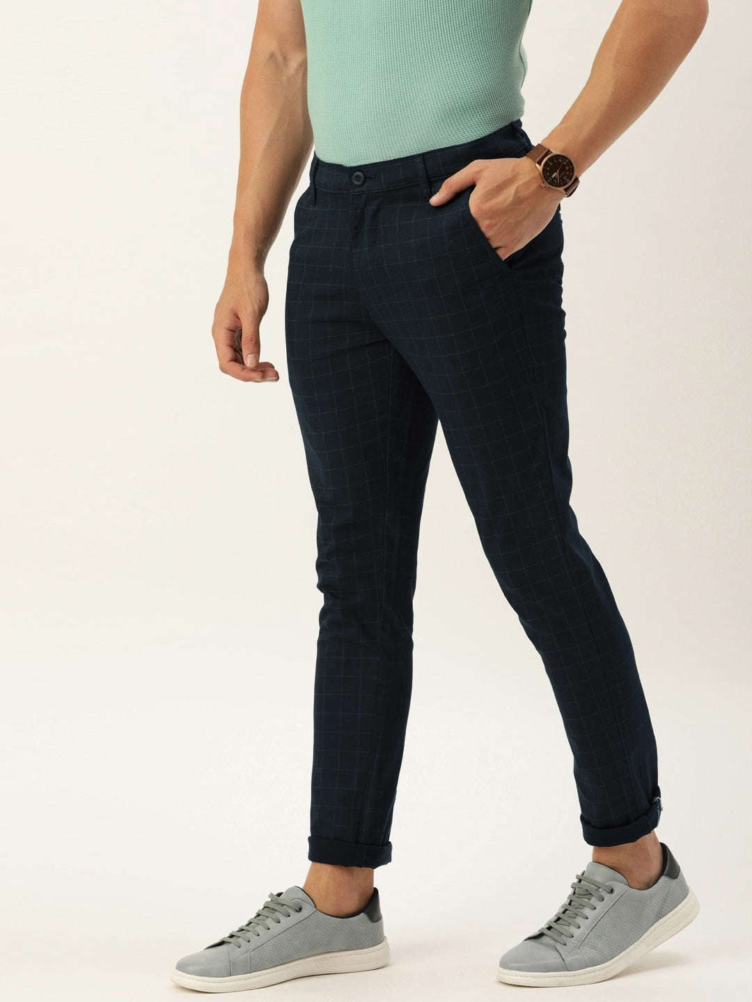 Men's Navy Slim Fit Checkered Chino