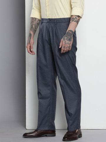 Men's Navy Blue Relaxed Fit Formal Trousers