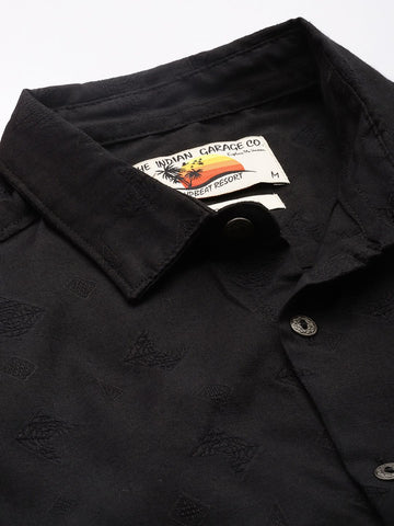 Men's Black Regular Fit Textured Textured Shirt