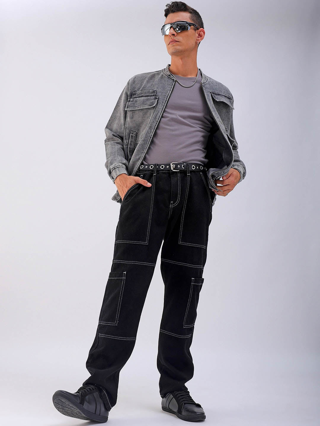 Men's Black Dad Fit Solid Utility Jeans