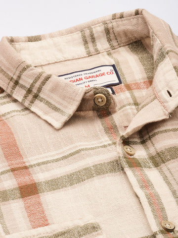 Men's Beige Slim Fit Checked Casual Shirt