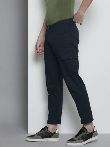 Men's Solid Navy Cuffed Cargo Pant