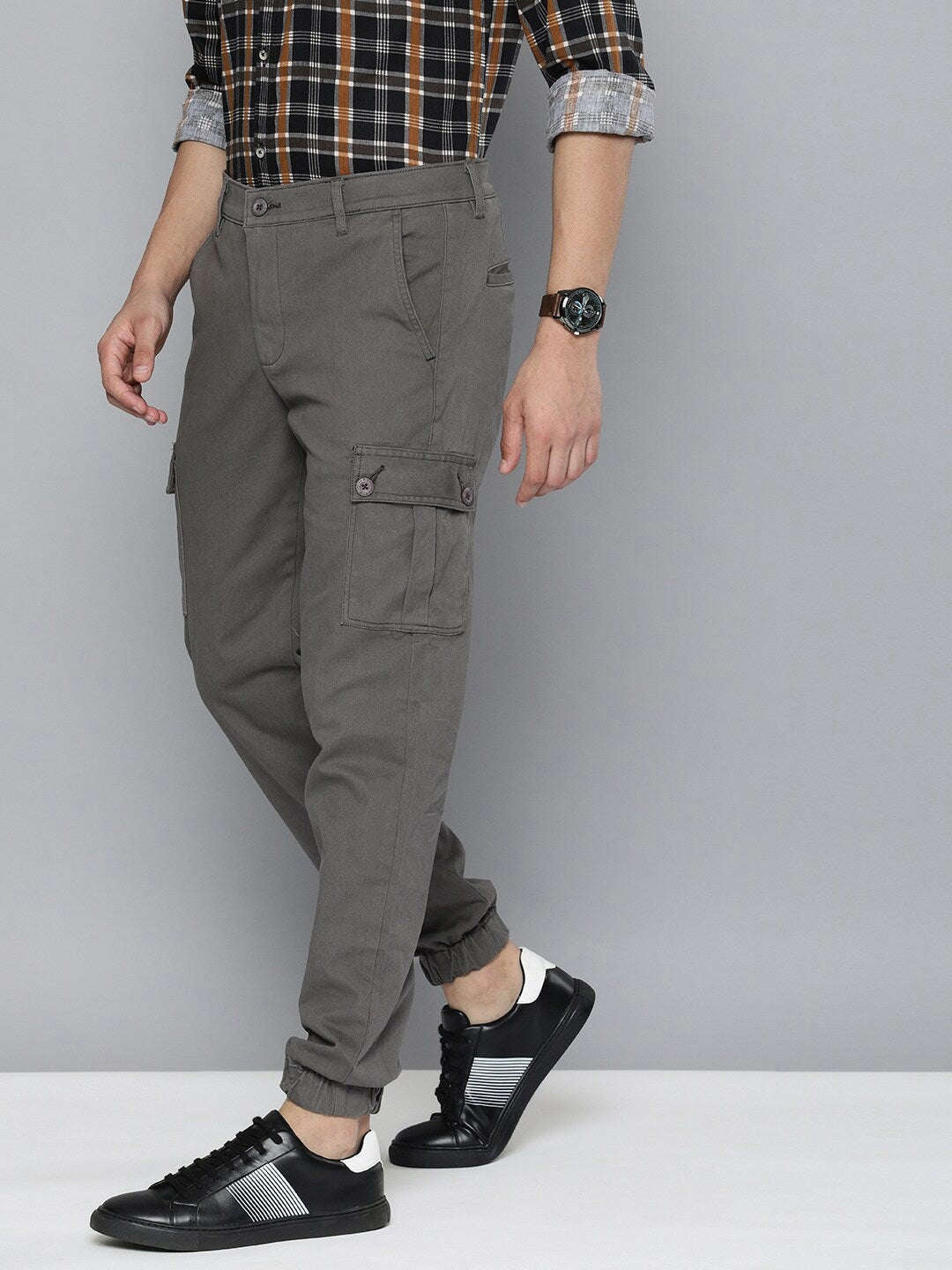 Men's Grey Slim Fit Solid Utility Cargo