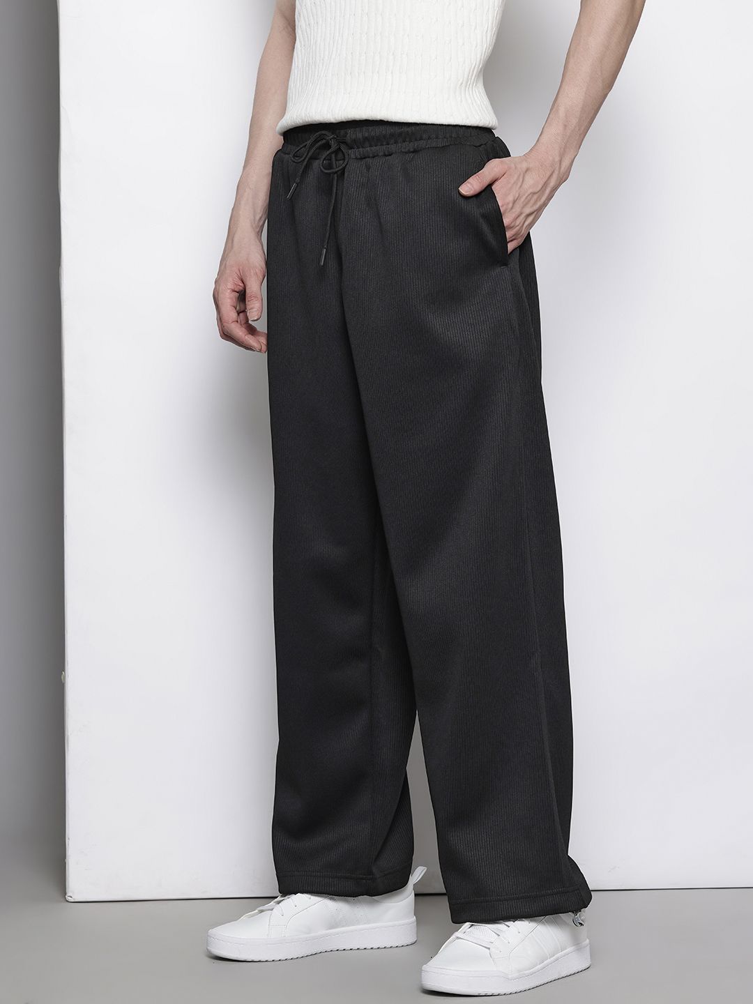 Men's Black Self Design Relax Wide Leg Fit Joggers