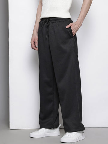 Men's Black Self Design Relax Wide Leg Fit Joggers