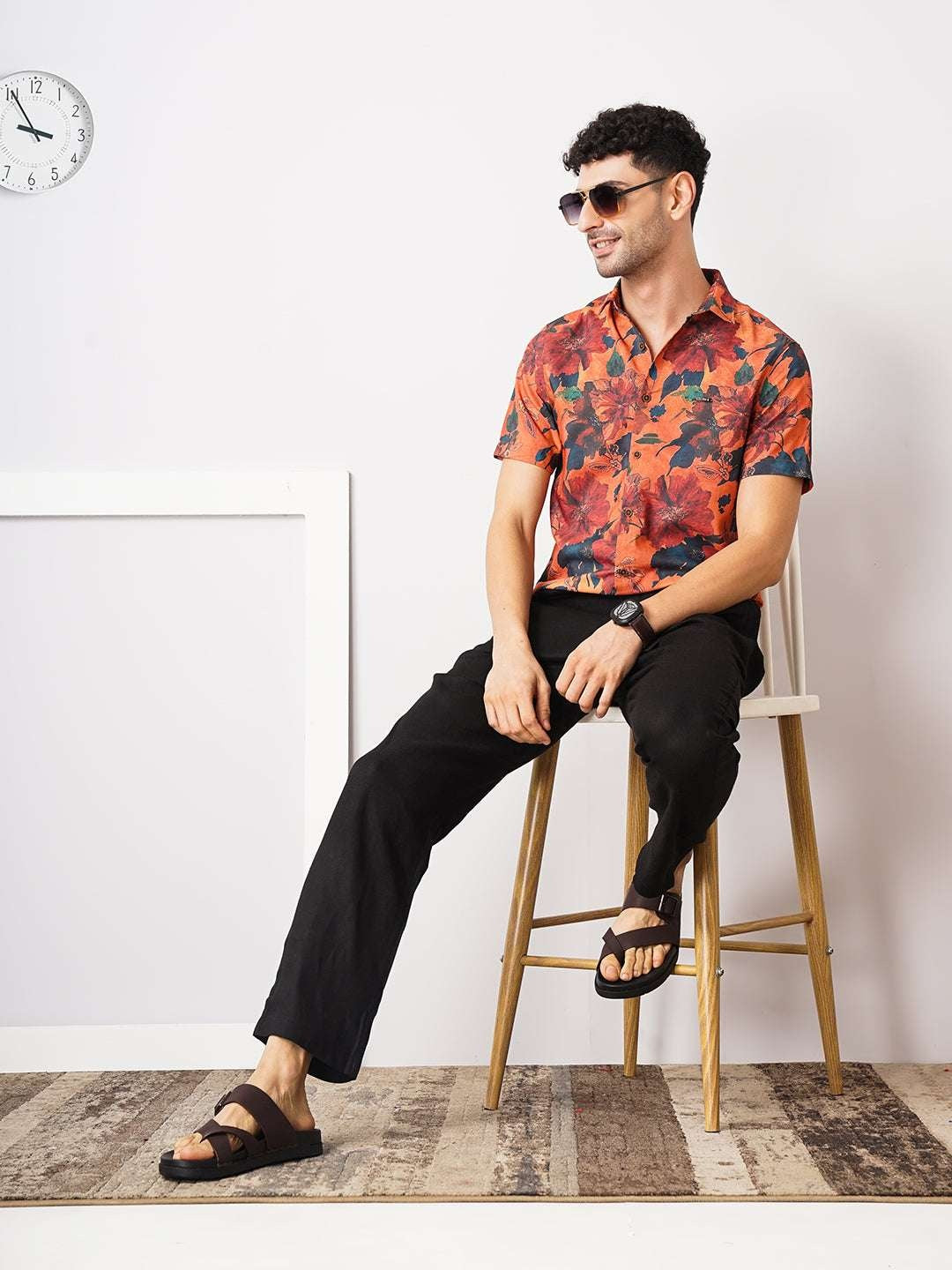 Men's Orange Slim Fit Printed Casual Shirt