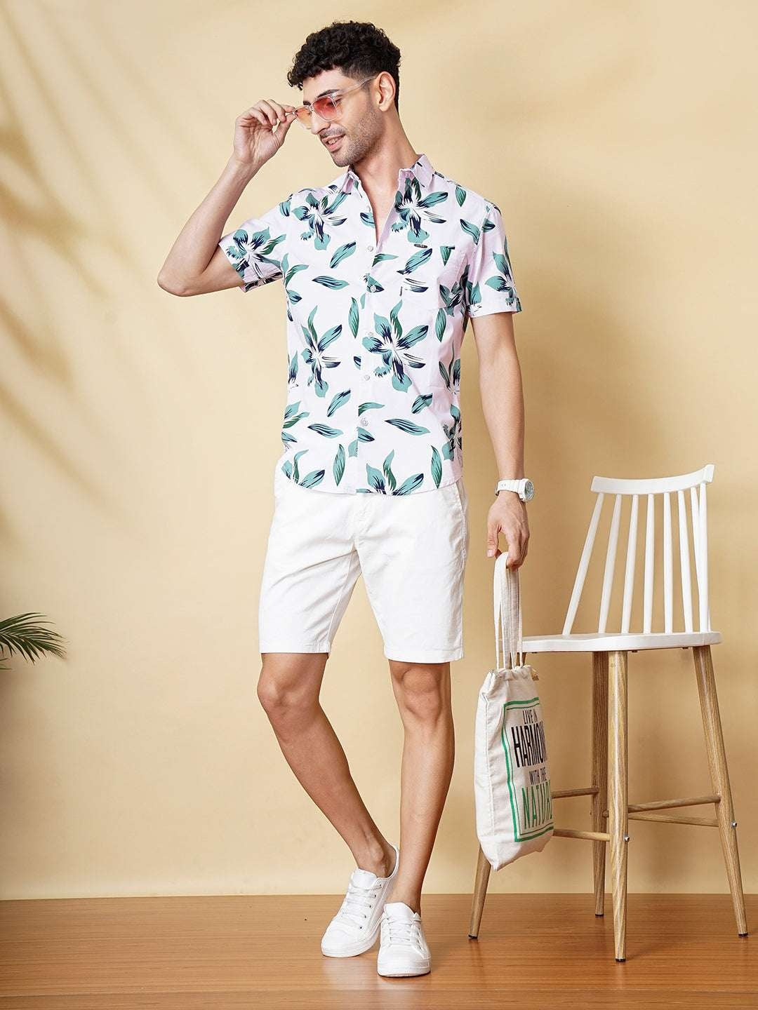 Men's Pink Slim Fit Printed Resort Wear Shirt