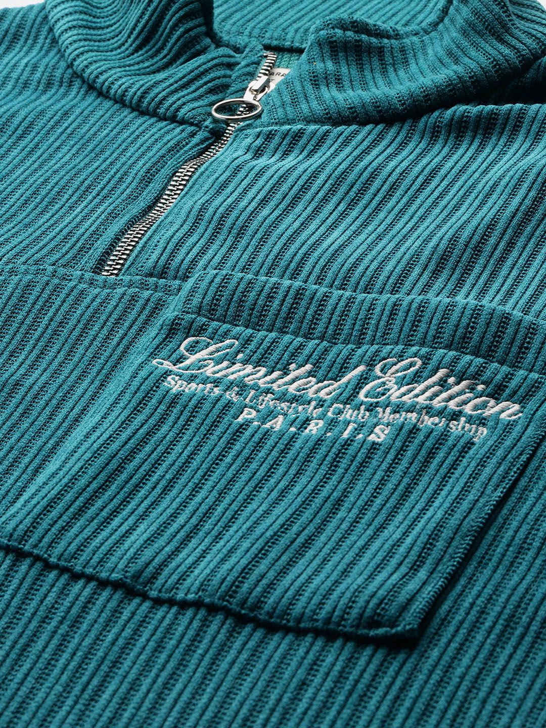Men's Teal Relaxed Fit Textured Street Sweatshirt
