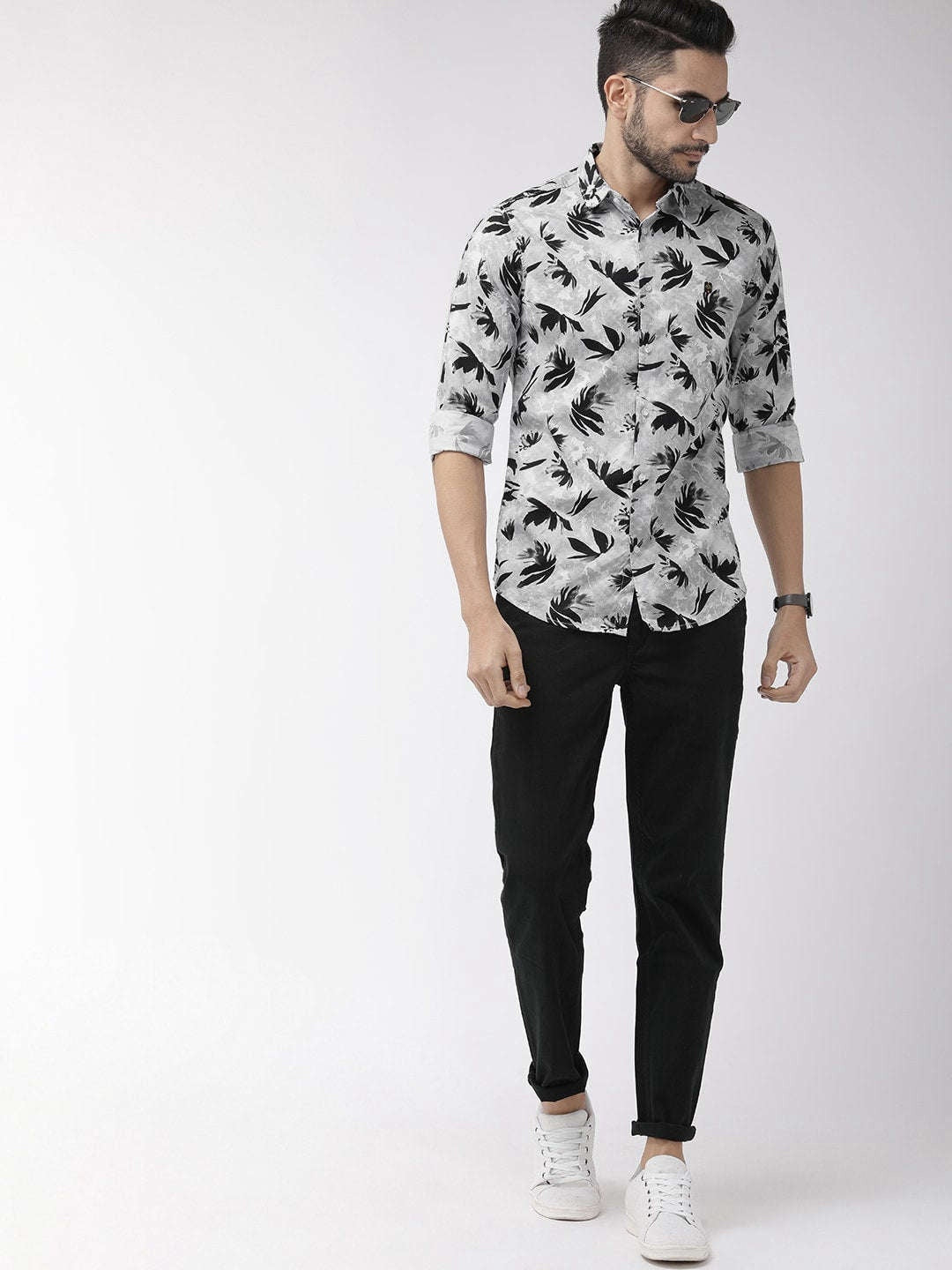 Men's Grey Slim Fit Printed Casual Shirt