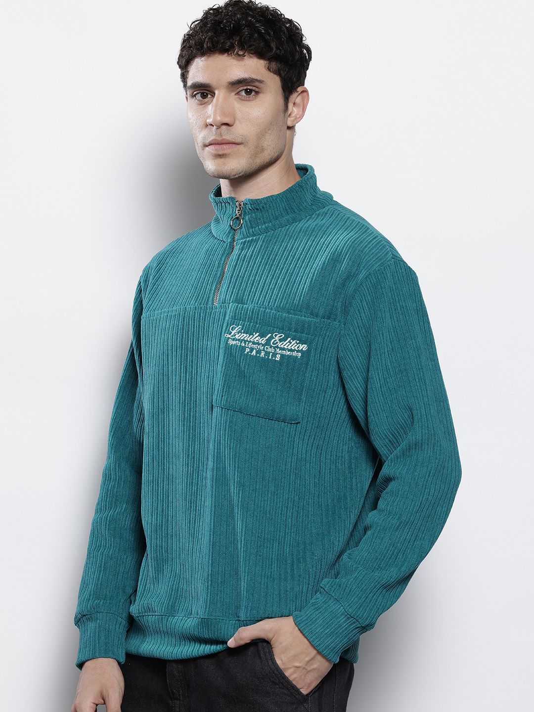 Men's Teal Relaxed Fit Textured Street Sweatshirt