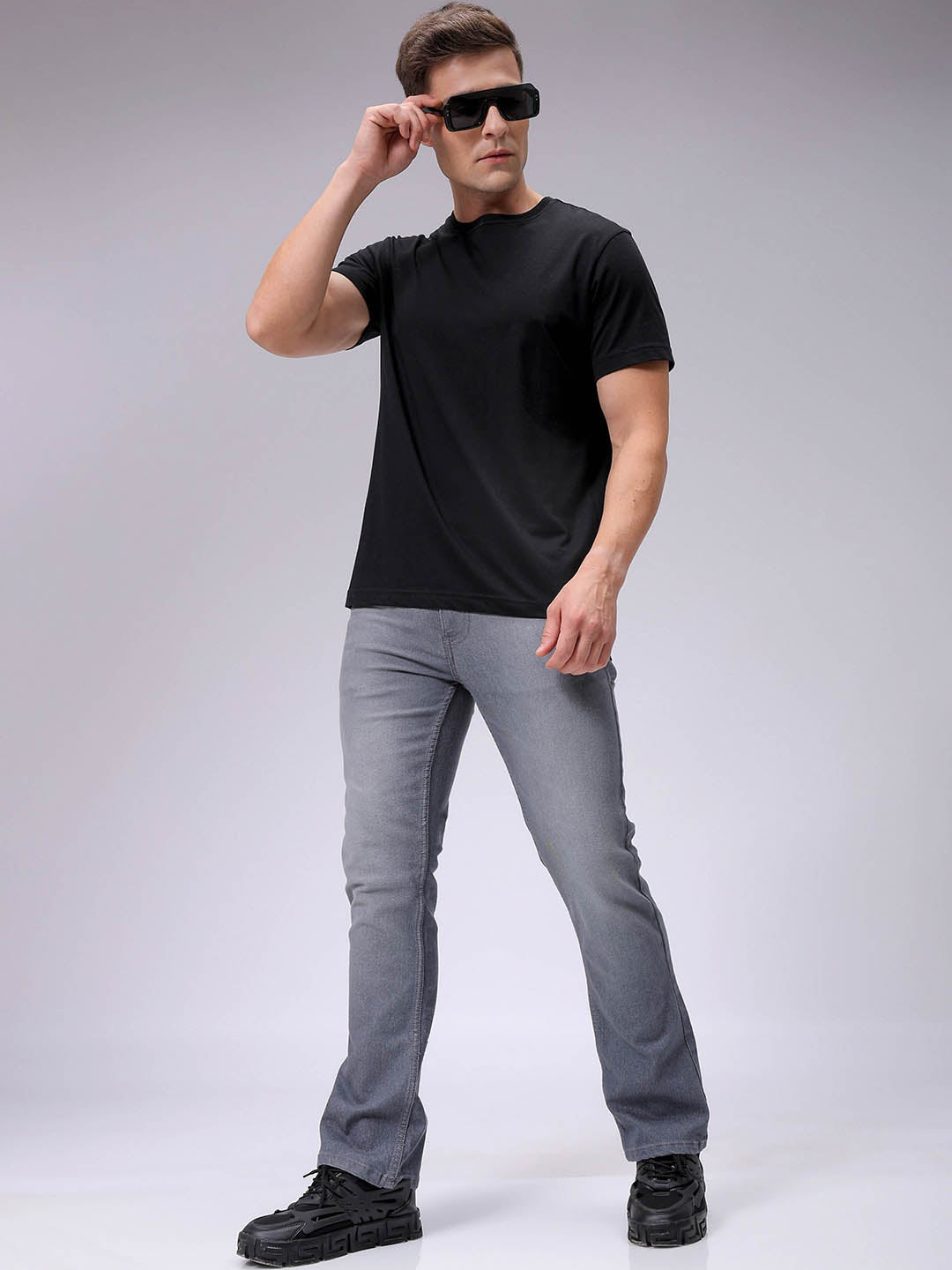 Men's Grey Bootcut Fit Solid Casual Jeans