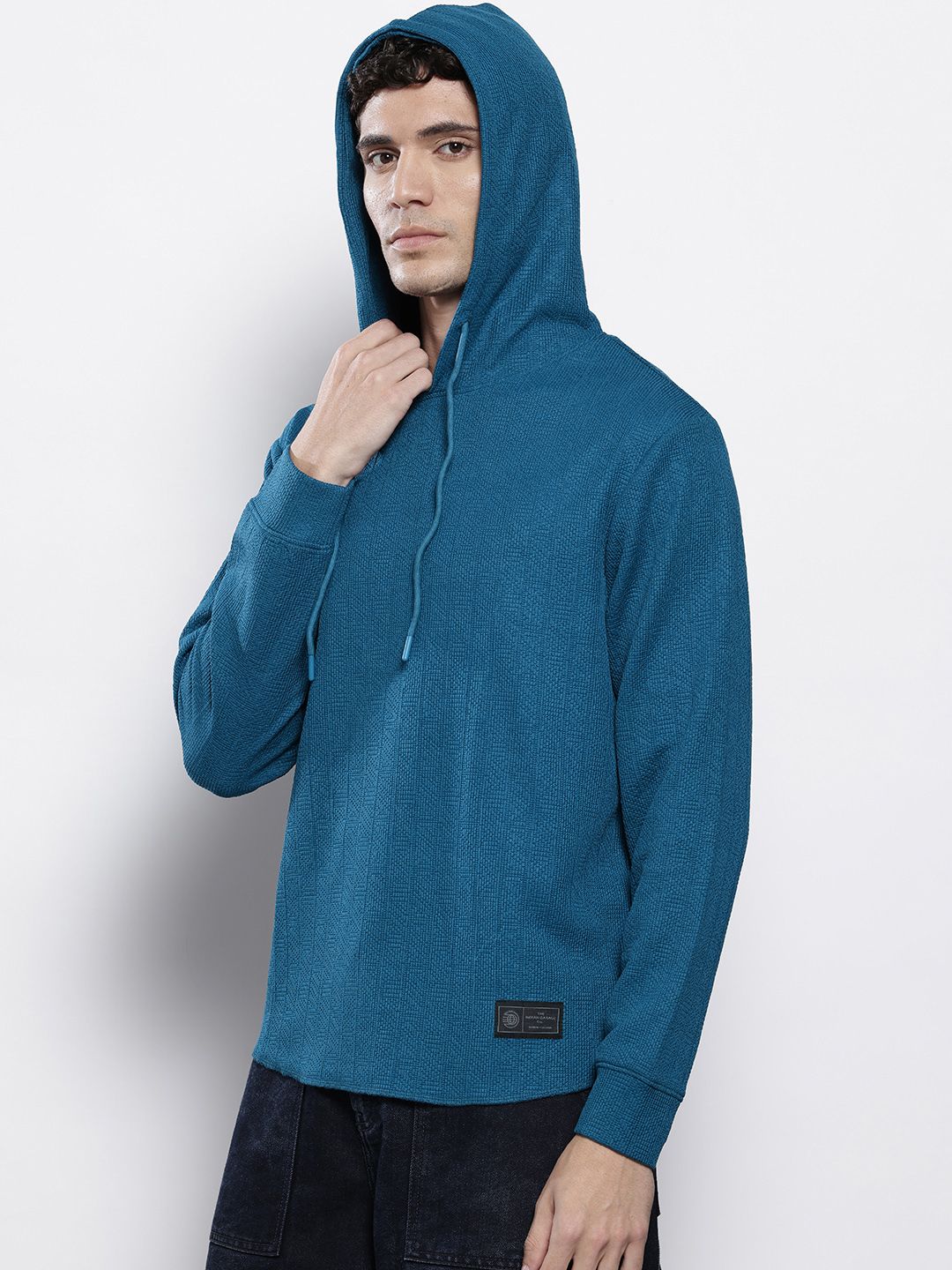 Men's Blue Regular Fit Textured Hooded T-Shirt