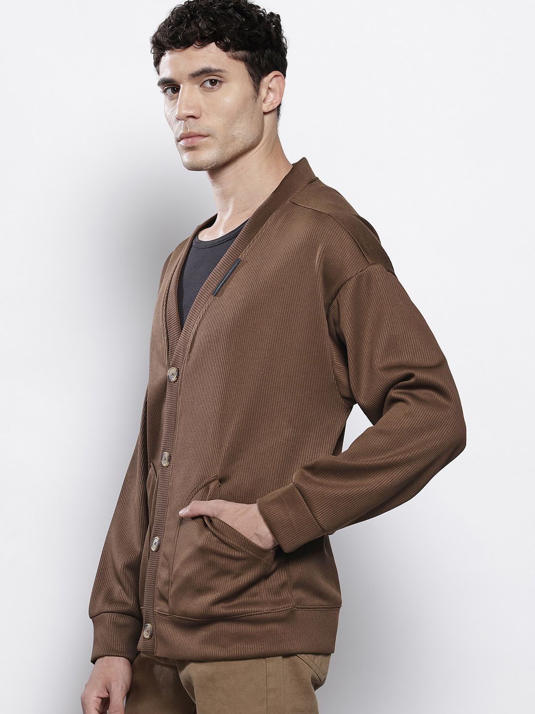 Men's Brown Oversized Fit Textured Casual Sweatshirt