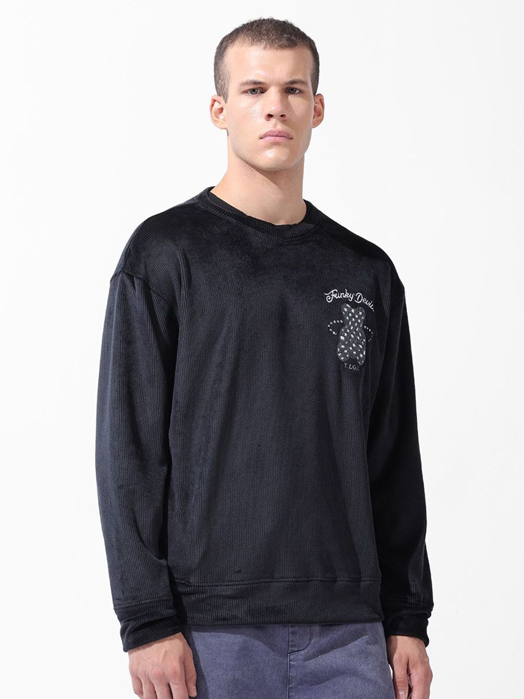 Men's Black Oversized Fit Textured Casual Sweatshirt