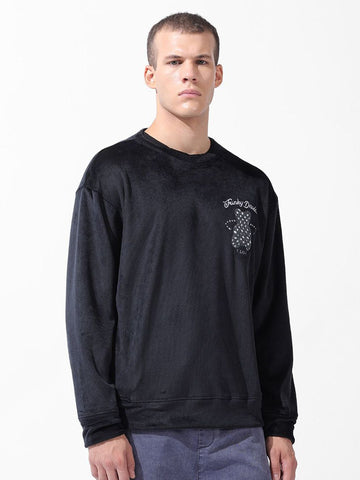 Men's Black Oversized Fit Textured Casual Sweatshirt