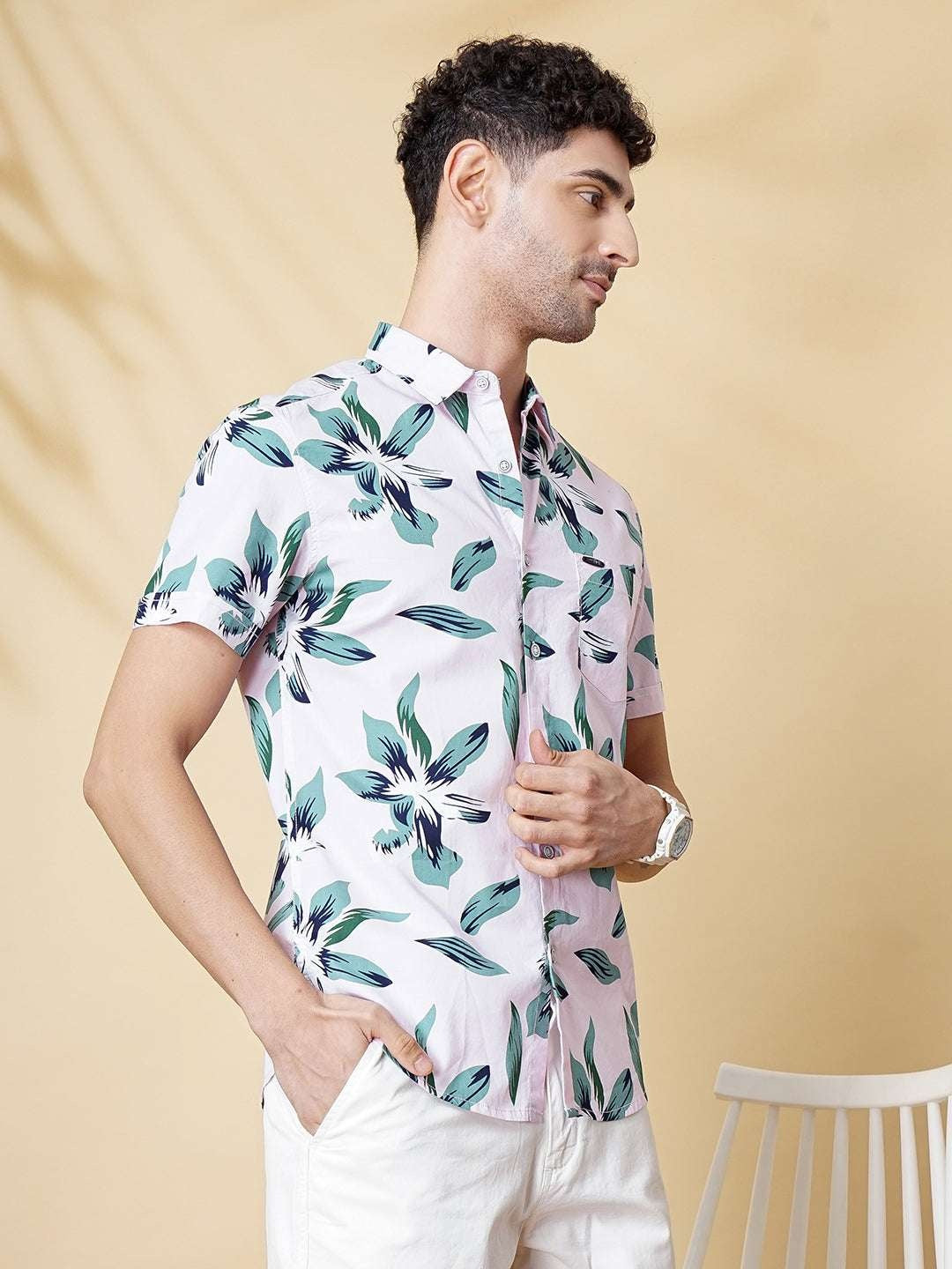 Men's Pink Slim Fit Printed Resort Wear Shirt