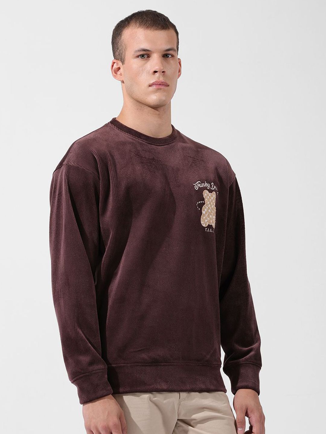Men's Brown Oversized Fit Textured Casual Sweatshirt