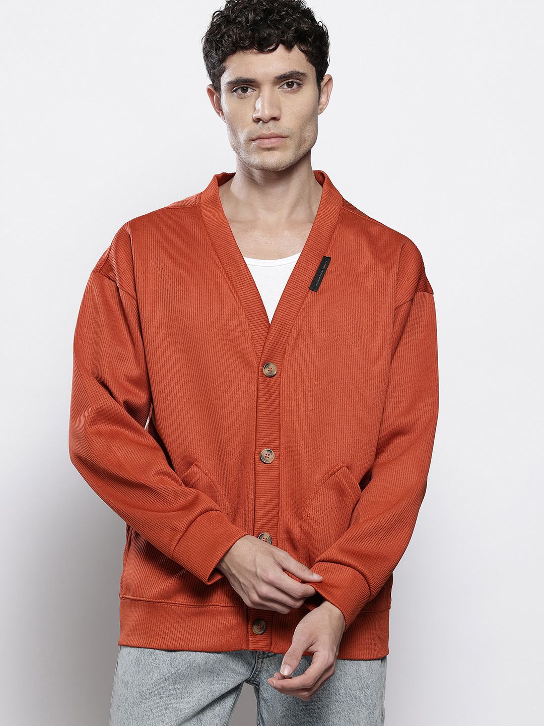 Men's Rust Oversized Fit Textured Casual Sweatshirt