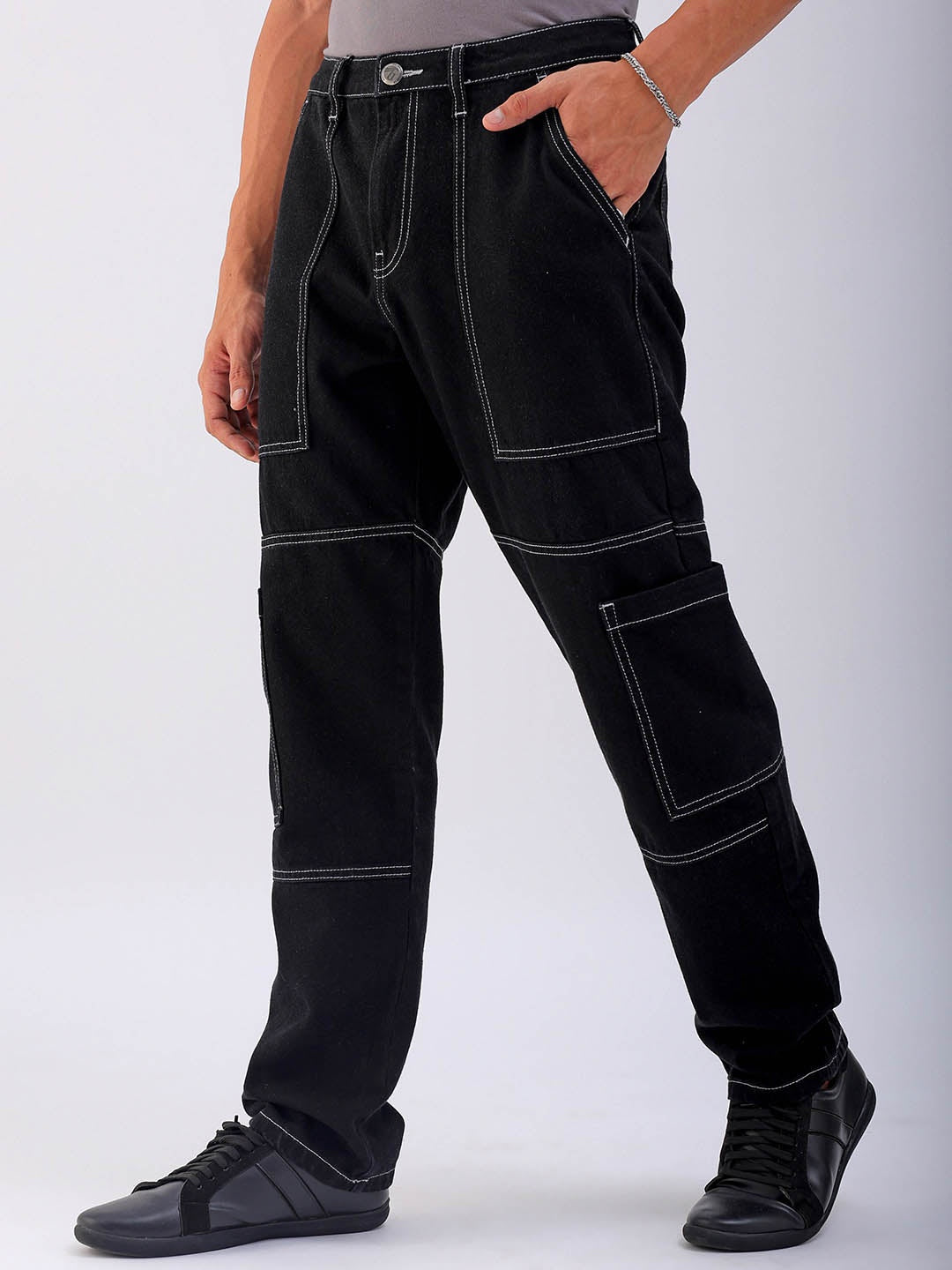 Men's Black Dad Fit Solid Utility Jeans
