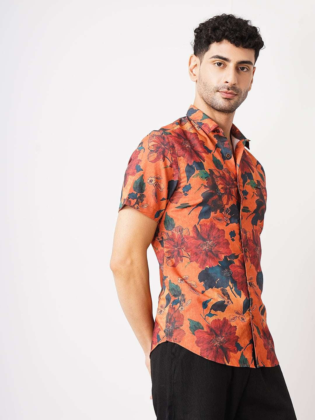 Men's Orange Slim Fit Printed Casual Shirt