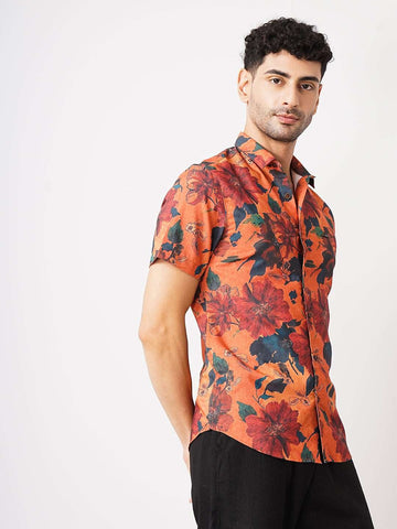 Men's Orange Slim Fit Printed Casual Shirt
