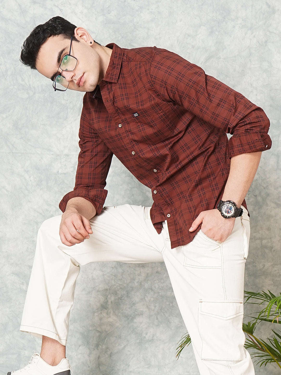 Men's Brown Slim Fit Checkered Casual Shirt