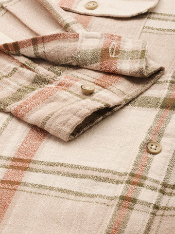Men's Beige Slim Fit Checked Casual Shirt
