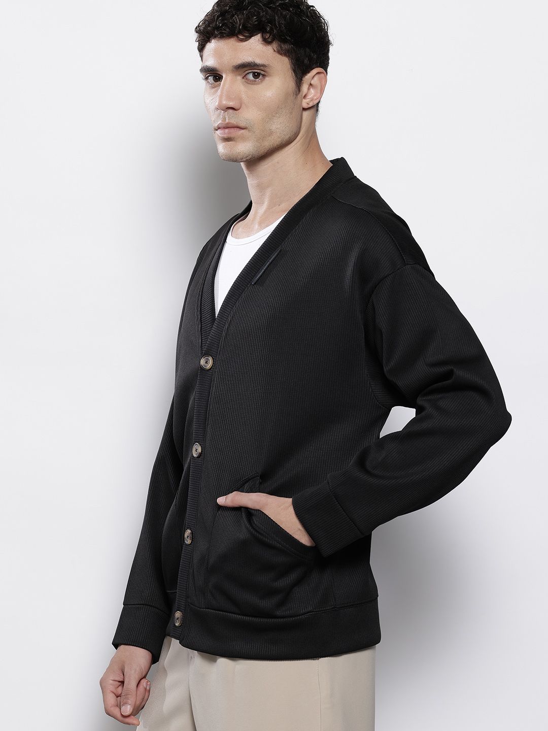 Men's Black Oversized Fit Textured Casual Sweatshirt