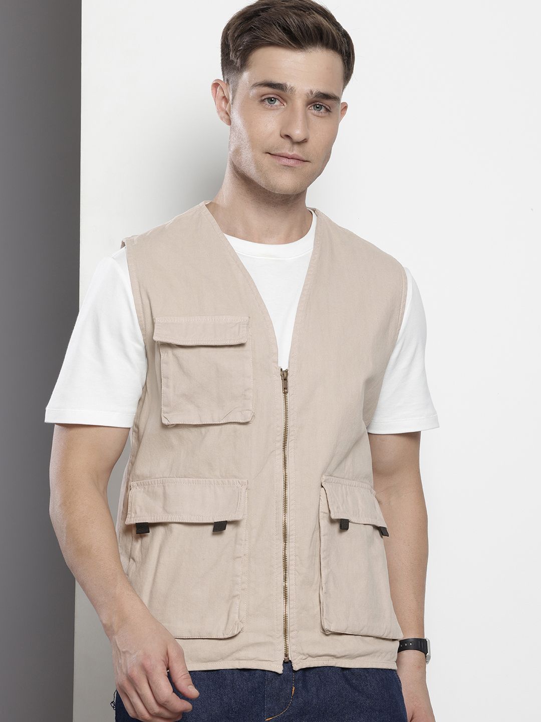 Men's Khaki Regular Fit Solid Utility Jacket