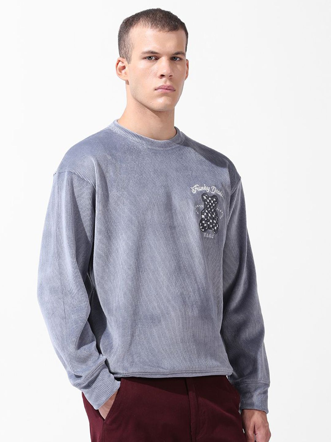 Men's Grey Oversized Fit Textured Casual Sweatshirt